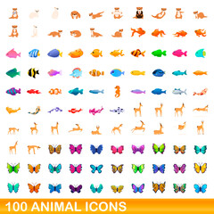 100 animal icons set. Cartoon illustration of 100 animal icons vector set isolated on white background