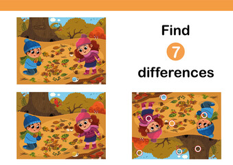 Find 7 differences education game for children. Happy Children Having Fun in Autumn Park. Vector Illustration.
