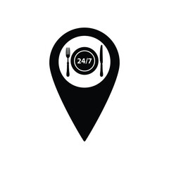 map pointer with  food icon. Icon 24 Hour  food icon sign 