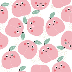 Seamless pattern with peaches. Summer fruit print. Vector hand drawn illustration.