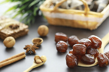 Healthy foods. Dried fruits for diet. Prunes, dates, raisins and figs. Healthy and proper nutrition for life.