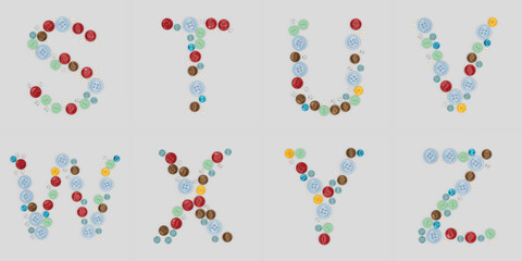 Alphabet from sewing buttons . Letter from buttons. Font from buttons. On a white background. 3D