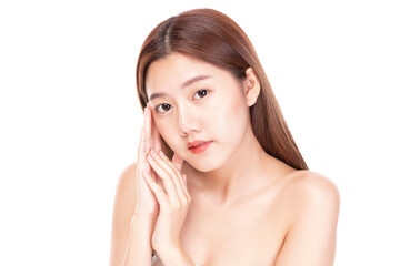 Fototapeta premium Clean fresh beautiful young Asian woman with fresh skin on white background. Beautiful Girl beauty face care and Facial treatment. Woman with clear skin isolated on white.