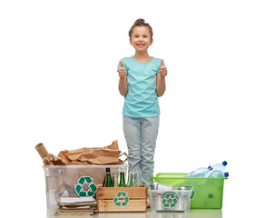 recycling, waste sorting and sustainability concept - smiling girl with plastic and glass bottles,...