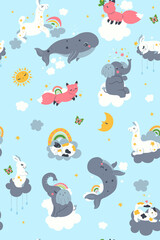 Fototapeta premium Seamless pattern for the nursery with cute animals and clouds. Vector graphics.