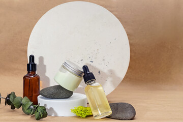 Organic cosmetic creative composition with circles and natural materials