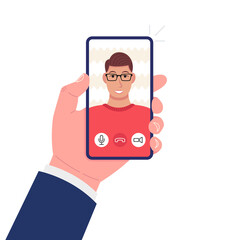 Video call. Hand holding smartphone. Man with glasses on the screen. Vector.
