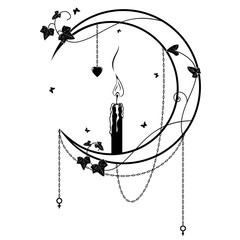 vector illustration with moon, candle, ivy, chain, heart,  sign of Venus and Mars in black and white colors