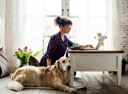 Woman Working At Home With Her Dog