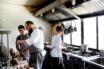 Fototapeta na wymiar Group of chefs working in the kitchen