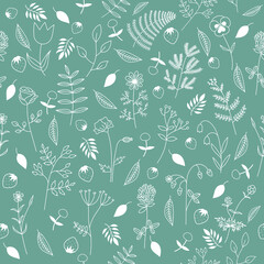 Hand drawn herb pattern. Seamless mint background with various white forest flowers. Vector illustration.