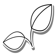Black line cartoon simple two leaves on white silhouette and gray shadow. Icon Emoji for decoration or any design. Vector illustration of nature.