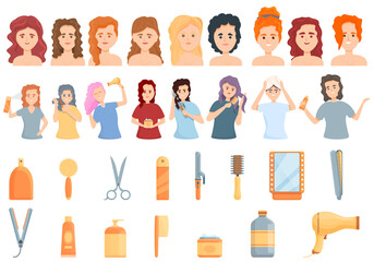 Curly hair care icons set. Cartoon set of curly hair care vector icons for web design