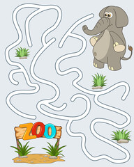 Logic Game for kids. Help the elephant find the pathway to Zoo. Entry and exit. Labyrinth with solution. Educational maze game with cute character elephant. Vector cartoon style illustration.