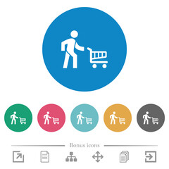 Shopping person with cart flat round icons