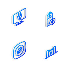 Set Isometric line Battery, Electric plug, and Hydroelectric dam icon. Vector