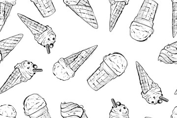Obraz premium Seamless pattern of ice cream cones, monochrome vector