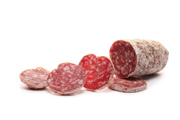 Fermented semi-hard dried sausage slices, pig meat isolated on white background