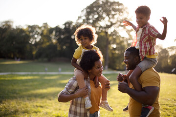African American family spending time in nature.