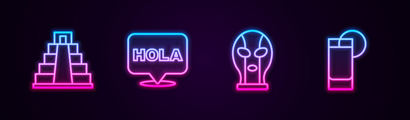 Set line Chichen Itza in Mayan, Hola, Mexican wrestler and Tequila glass with lemon. Glowing neon icon. Vector © vector_v