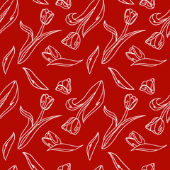 Vector seamless floral pattern with  white tulips and leaves on a red background. Line art.