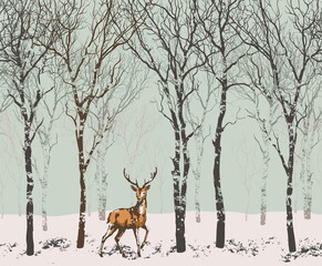 Seamless horizontally vector illustration with a pattern of a deer in the forest. The deer is drawn separately - you can resize it or delete it. Trees can also be moved.
