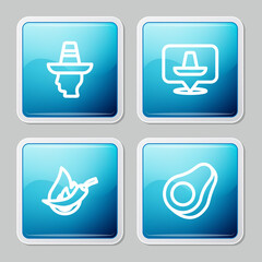 Set line Mexican man sombrero, , Hot chili pepper pod and Avocado fruit icon. Vector