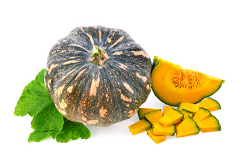 Green pumpkin with leaf isolated on the white background