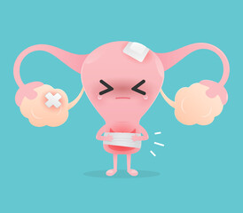 Illustration uterus inflamed ovary against a blue background. Vector cute style cartoon character illustration for applications medical website. The concept of prevent cervical cancer.