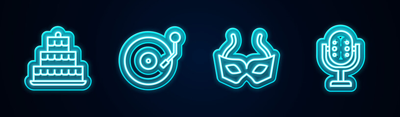 Set line Cake with burning candles, Vinyl player disk, Festive mask and Microphone. Glowing neon icon. Vector