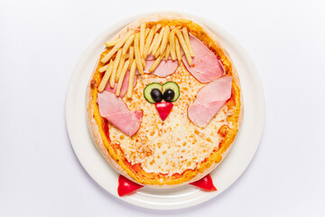 funny kids pizza on the white plate