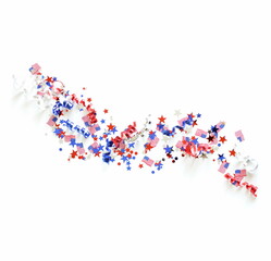 4th of July USA Independence Day confetti decorations american flag colors top view isolated. Copy space. Celebration memorial day in America.