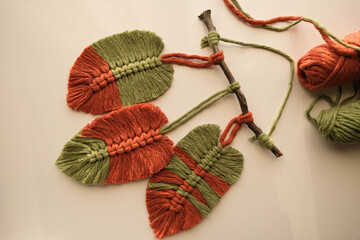 Leaf macromes made of brown and green ropes on a white background.