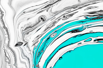 Fluid art texture. Abstract background with mixing paint effect. Liquid acrylic artwork that flows and splashes. Mixed paints for background or poster. Gray, white and aquamarine overflowing colors.