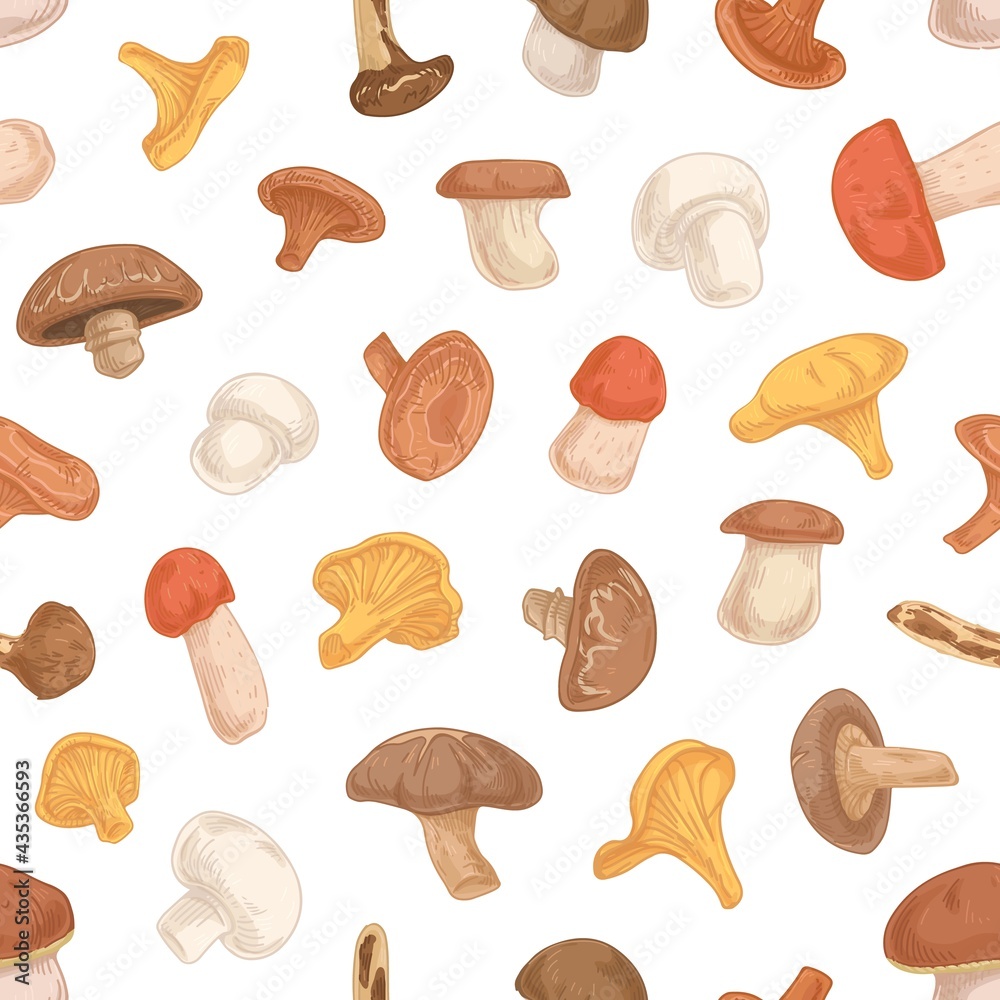 Leinwandbilder seamless fungi pattern with different forest mushrooms on white background. endless repeatable textu