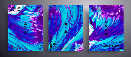 Abstract liquid poster, fluid art vector texture pack. Beautiful background that applicable for design cover, poster, brochure and etc. Purple, navy blue and white universal trendy painting backdrop.
