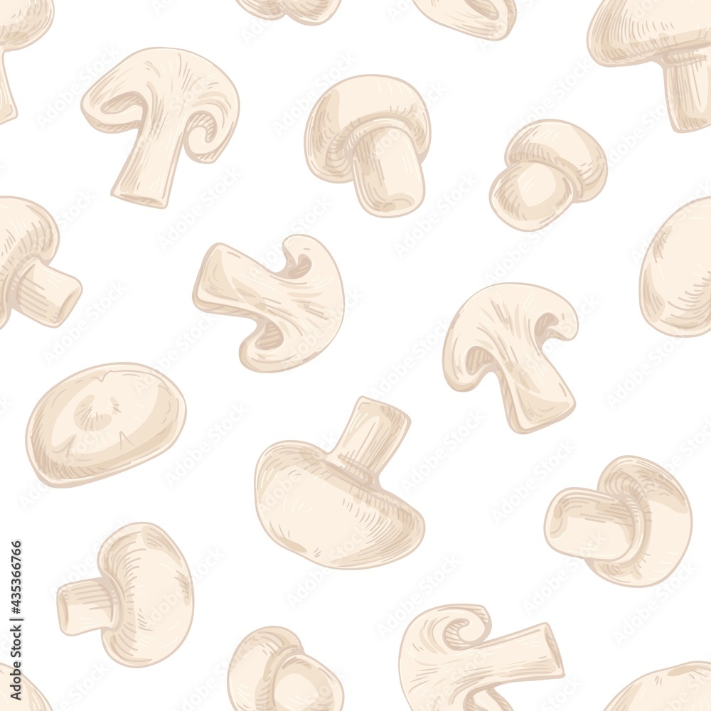 Aufkleber Seamless pattern with champignon slices on white background. Endless repeatable texture with mushrooms. Hand-drawn printable food package. Design of repeating fungi backdrop. Vector illustration