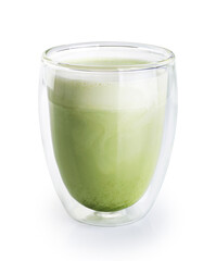 Naklejka na ściany i meble Matcha green tea latte in a glass with double walls isolated on a white background.