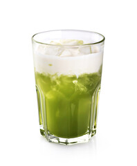 Glass with matcha latte isolated on white background.