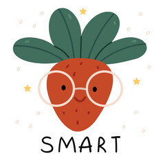 Smart strawberries in glasses. The concept of healthy eating. Vitamins in berries. Cute book illustration.Lettering.