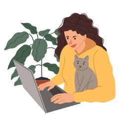 Obraz na płótnie Canvas Girl at the computer with a cat.Girl programmer sitting with a pet. Curly woman in a yellow skinny.