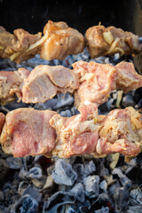 Shish Kebab made from pieces of pork is cooked on skewers on the grill