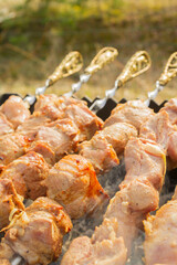 Shish Kebab made from pieces of pork is cooked on skewers on the grill