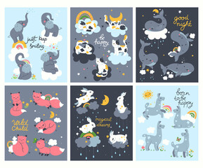 A set of posters for the nursery with cute animals. Vector graphics