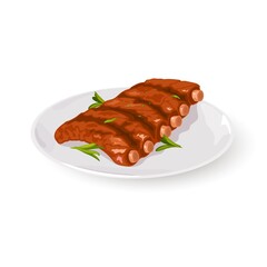 Golden crust on meat dish decorated with fresh greenery, vitaminized meal. Vector nutritious food, delicious dinner, portion for one design. Isolated on white background