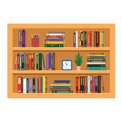 bookshelf with flower, books, alarm clock, crayons . vector illustration