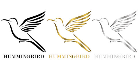 three color black gold silver line art Vector illustration on a white background of flying hummingbirds Suitable for making logo