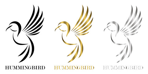 three color black gold silver line art Vector illustration on a white background of flying hummingbirds. Suitable for making logos