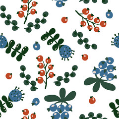 Seamless botanical floral pattern of elements in folk ethnic style. flowers, leaves and berries. Simple vector pattern for printing on paper, cover, fabric and home decor