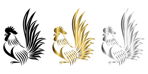 Vector Line Art Illustration logo of a bantam It is standing there are three color black gold and silver - obrazy, fototapety, plakaty